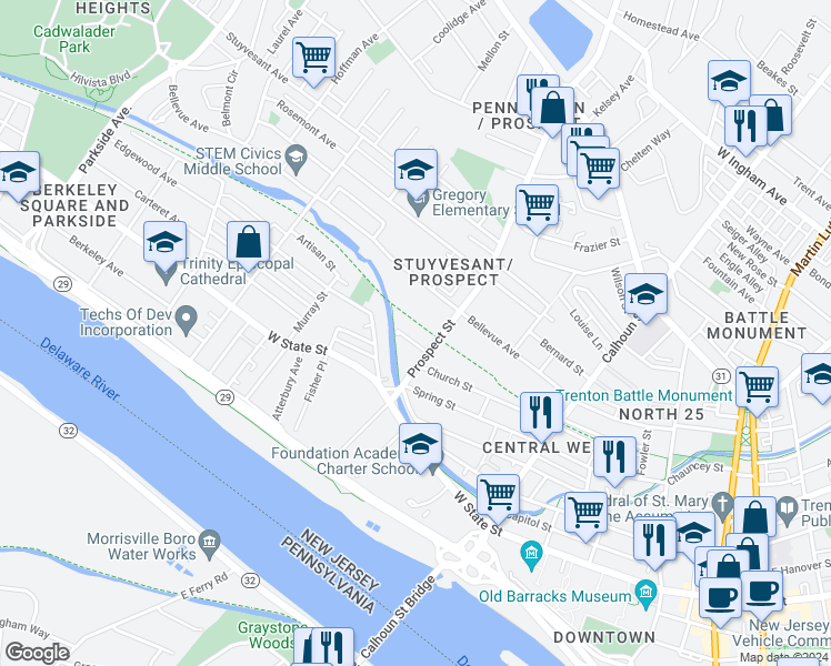 map of restaurants, bars, coffee shops, grocery stores, and more near 40 Jarvis Place in Trenton