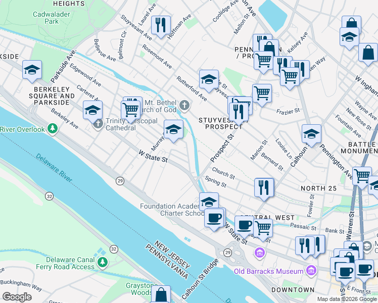 map of restaurants, bars, coffee shops, grocery stores, and more near 13 West End Avenue in Trenton