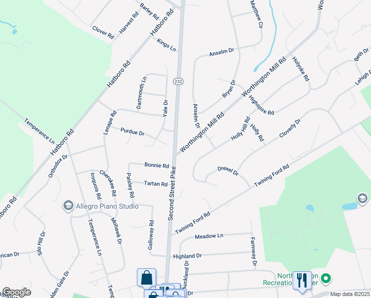 map of restaurants, bars, coffee shops, grocery stores, and more near 36 Worthington Mill Road in Richboro