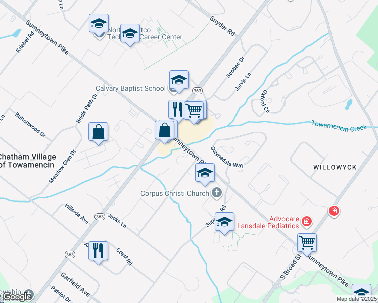 map of restaurants, bars, coffee shops, grocery stores, and more near 988 Sumneytown Pike in Lansdale