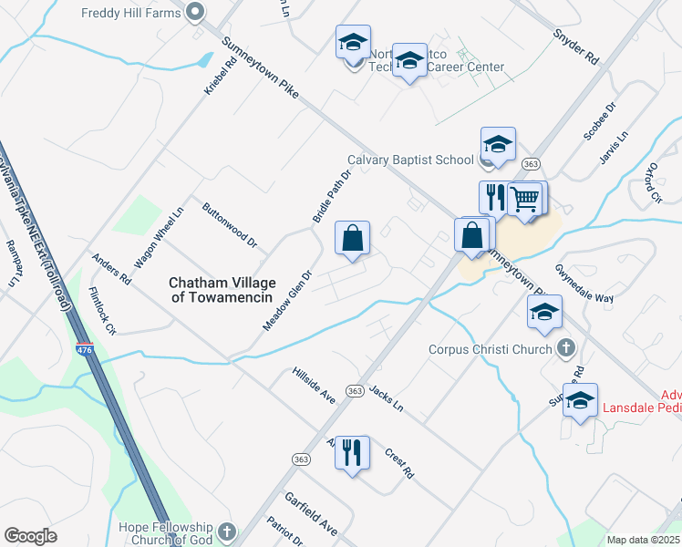 map of restaurants, bars, coffee shops, grocery stores, and more near 201 Oberlin Terrace in Lansdale