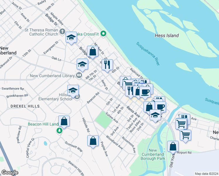 map of restaurants, bars, coffee shops, grocery stores, and more near 315 5th Street in New Cumberland