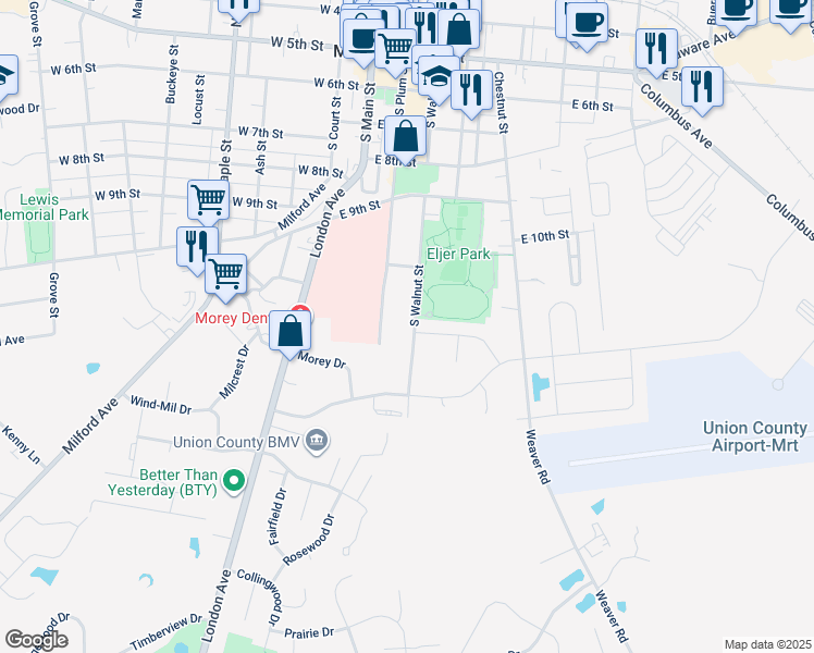 map of restaurants, bars, coffee shops, grocery stores, and more near 709 South Walnut Street in Marysville