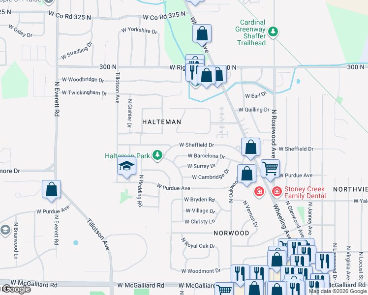 map of restaurants, bars, coffee shops, grocery stores, and more near 2313 West Sheffield Drive in Muncie
