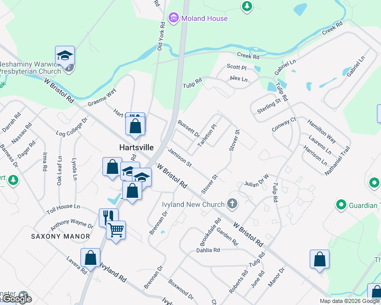 map of restaurants, bars, coffee shops, grocery stores, and more near 1460 Tarleton Place in Warminster