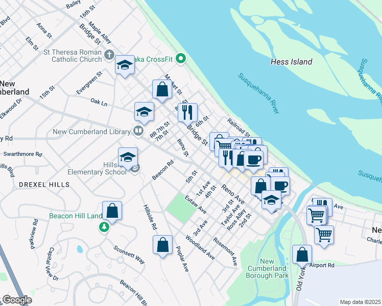 map of restaurants, bars, coffee shops, grocery stores, and more near 521 Reno Street in New Cumberland