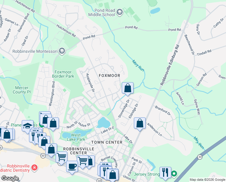 map of restaurants, bars, coffee shops, grocery stores, and more near 210 Waverly Court in Robbinsville Township