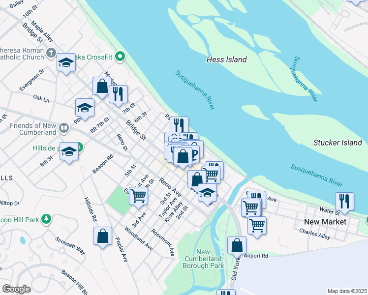 map of restaurants, bars, coffee shops, grocery stores, and more near 329 Market Street in New Cumberland