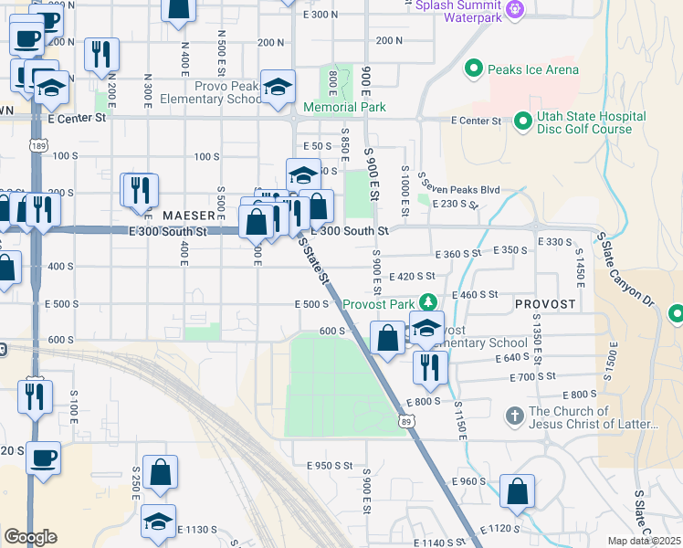 map of restaurants, bars, coffee shops, grocery stores, and more near 1073 400 South in Provo