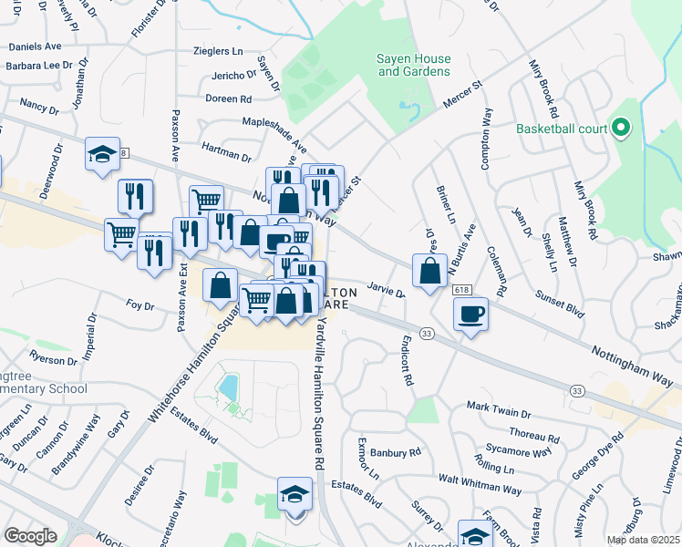 map of restaurants, bars, coffee shops, grocery stores, and more near 24 Jarvie Drive in Hamilton Township