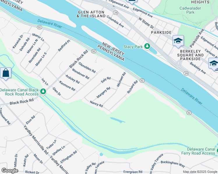 map of restaurants, bars, coffee shops, grocery stores, and more near 352 Margery Road in Yardley