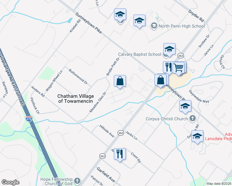 map of restaurants, bars, coffee shops, grocery stores, and more near 201 Oberlin Terrace in Lansdale