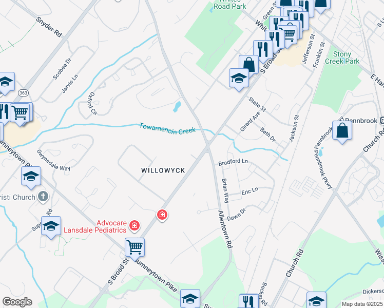 map of restaurants, bars, coffee shops, grocery stores, and more near 216 South Broad Street in Lansdale