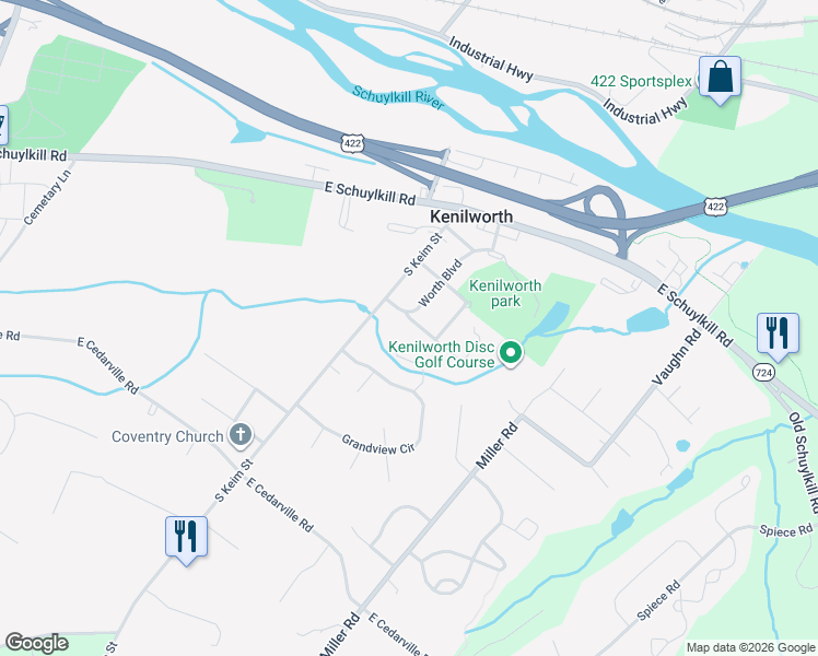 map of restaurants, bars, coffee shops, grocery stores, and more near 892 Worth Boulevard in Pottstown