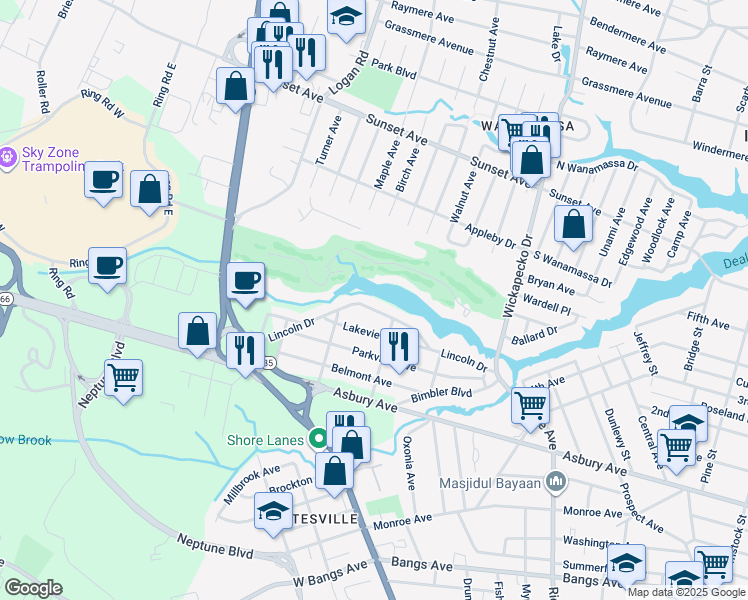 map of restaurants, bars, coffee shops, grocery stores, and more near 304 Lincoln Drive in Monmouth County