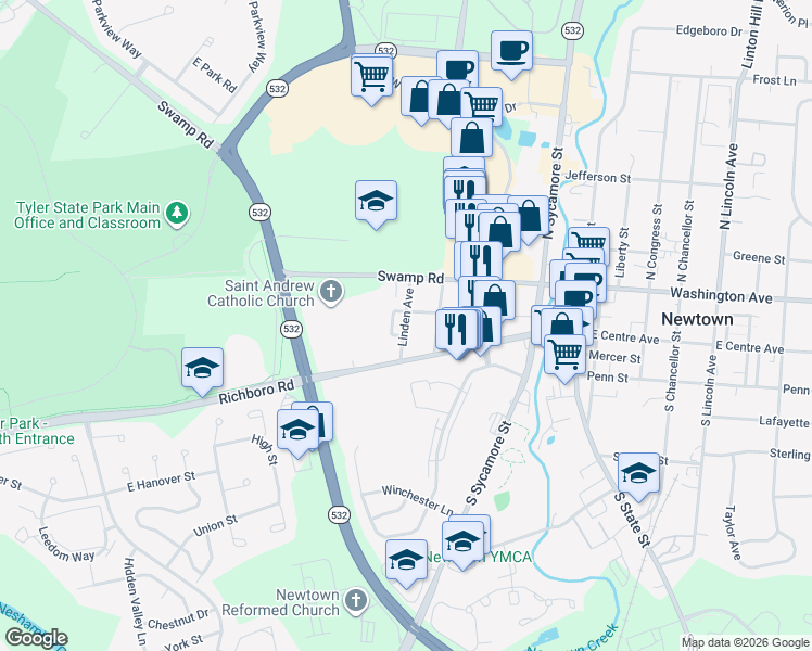 map of restaurants, bars, coffee shops, grocery stores, and more near 64 German Avenue in Newtown
