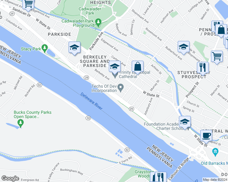 map of restaurants, bars, coffee shops, grocery stores, and more near 108 South Overbrook Avenue in Trenton
