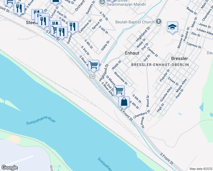 map of restaurants, bars, coffee shops, grocery stores, and more near 550 South 2nd Street in Steelton