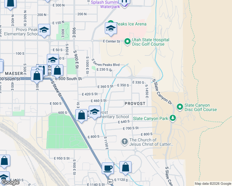 map of restaurants, bars, coffee shops, grocery stores, and more near 1246 400 South in Provo