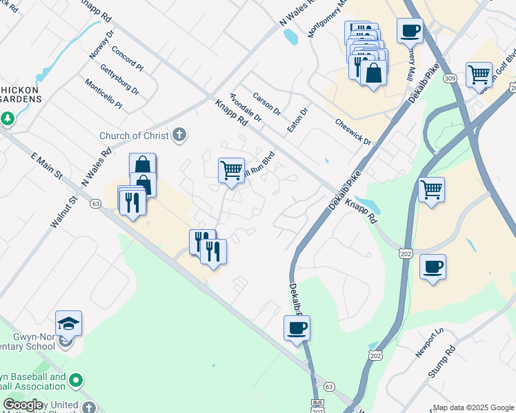 map of restaurants, bars, coffee shops, grocery stores, and more near 2903 Harvard Court in North Wales