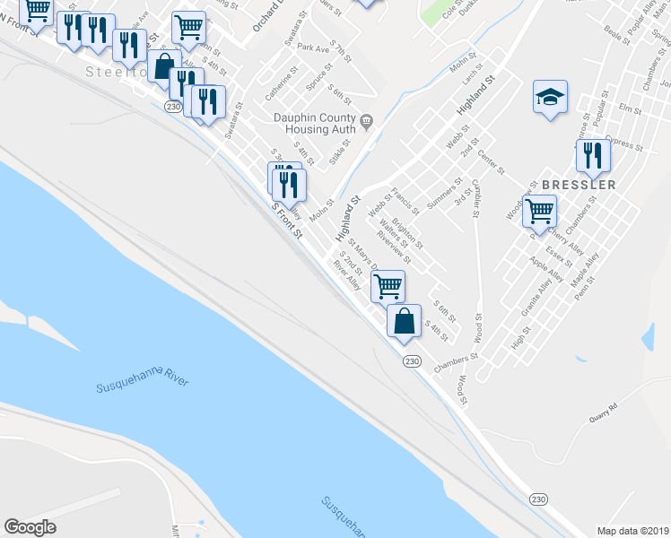 map of restaurants, bars, coffee shops, grocery stores, and more near 523 South Front Street in Steelton