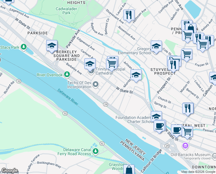 map of restaurants, bars, coffee shops, grocery stores, and more near 3 General Greene Avenue in Trenton
