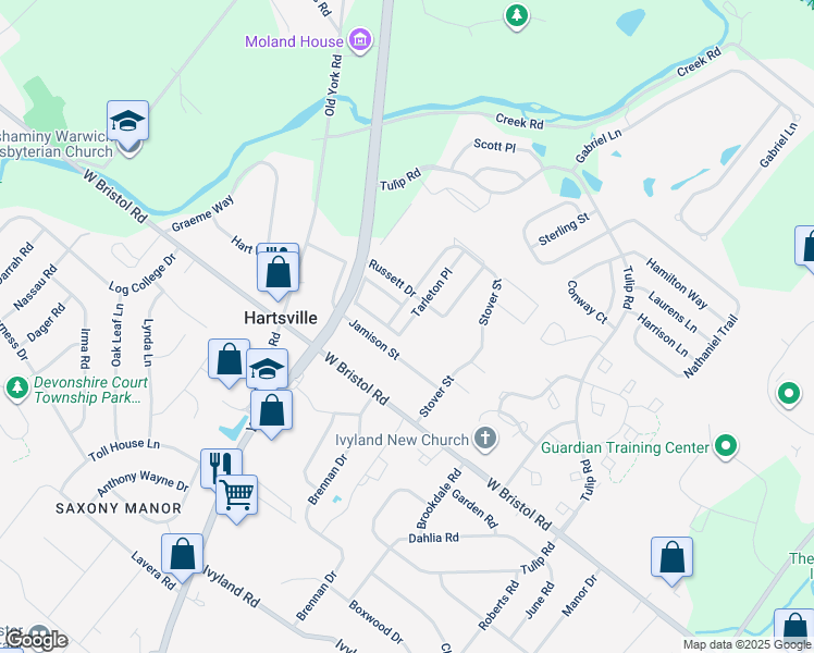 map of restaurants, bars, coffee shops, grocery stores, and more near 1468 Tarleton Pl in Warminster