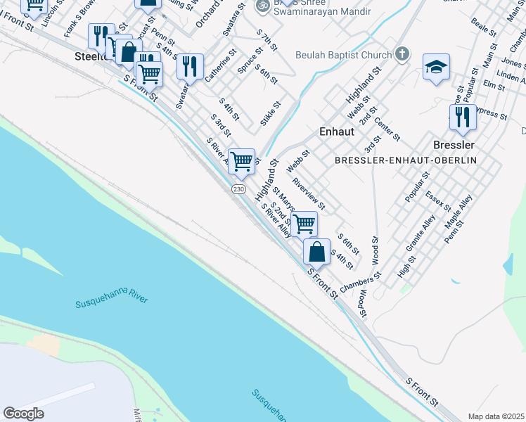 map of restaurants, bars, coffee shops, grocery stores, and more near 523 South Front Street in Steelton