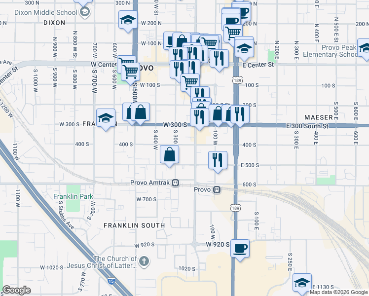 map of restaurants, bars, coffee shops, grocery stores, and more near 255 400 South in Provo