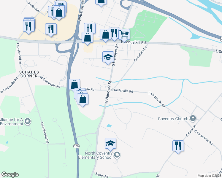 map of restaurants, bars, coffee shops, grocery stores, and more near 1043 South Hanover Street in Pottstown