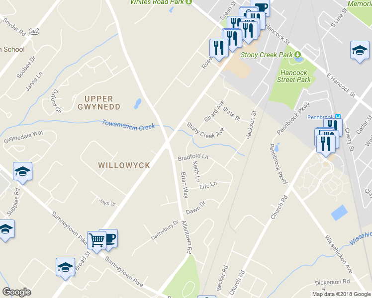 map of restaurants, bars, coffee shops, grocery stores, and more near 887 Sturbridge Lane in Lansdale