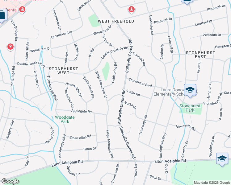 map of restaurants, bars, coffee shops, grocery stores, and more near 21 Woods Road in Freehold