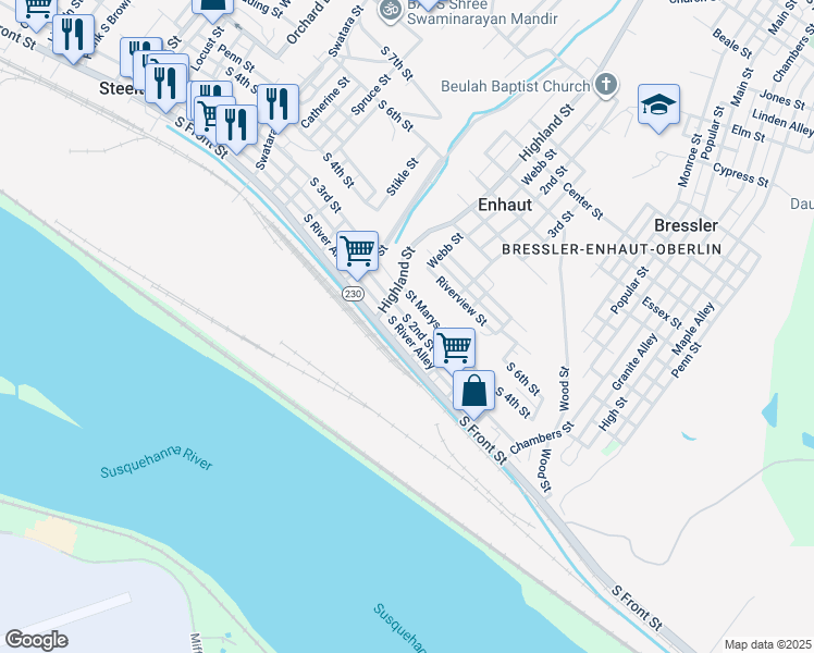 map of restaurants, bars, coffee shops, grocery stores, and more near 550 South 2nd Street in Steelton