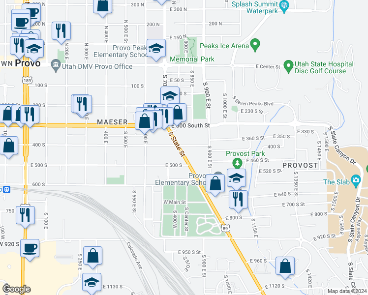 map of restaurants, bars, coffee shops, grocery stores, and more near 1073 400 South in Provo