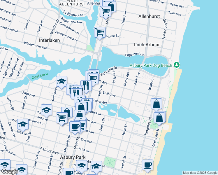 map of restaurants, bars, coffee shops, grocery stores, and more near 610 7th Avenue in Asbury Park