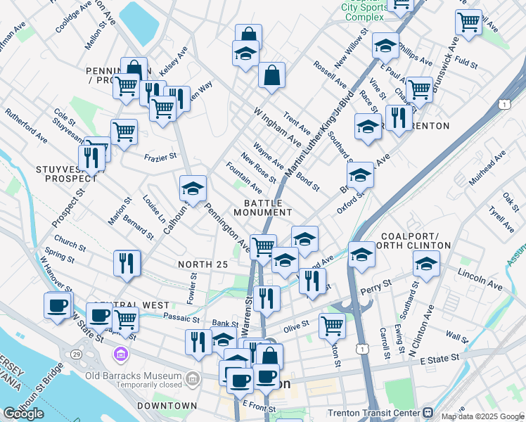 map of restaurants, bars, coffee shops, grocery stores, and more near 22 Sweets Avenue in Trenton