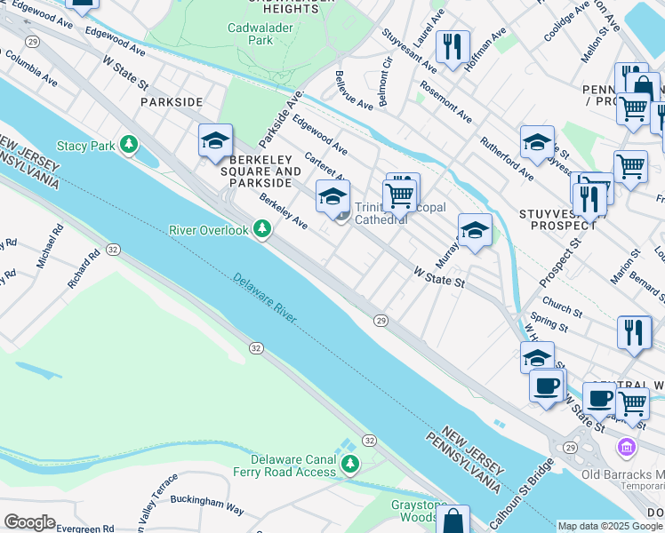 map of restaurants, bars, coffee shops, grocery stores, and more near 100 South Overbrook Avenue in Trenton