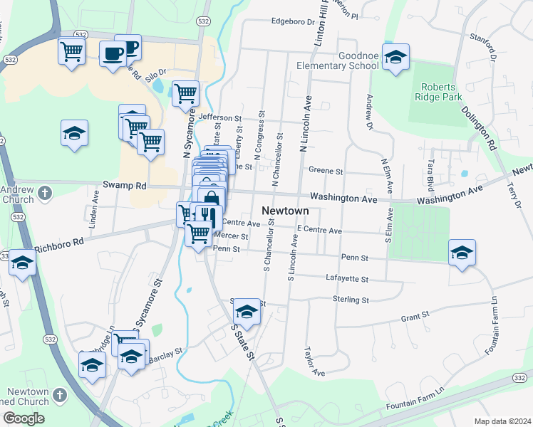 map of restaurants, bars, coffee shops, grocery stores, and more near 15 South Congress Street in Newtown