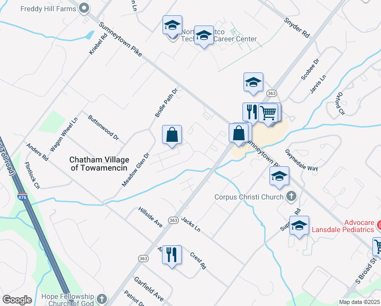 map of restaurants, bars, coffee shops, grocery stores, and more near 307 Hickory Court in Lansdale
