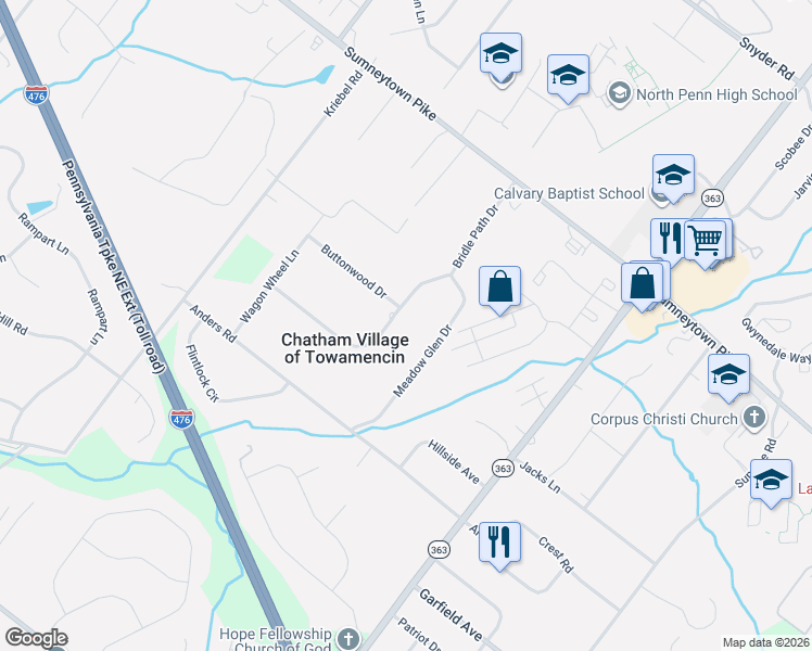 map of restaurants, bars, coffee shops, grocery stores, and more near 1653 Bridle Path Drive in Lansdale