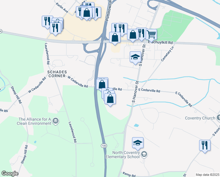 map of restaurants, bars, coffee shops, grocery stores, and more near 189 West Cedarville Road in Pottstown