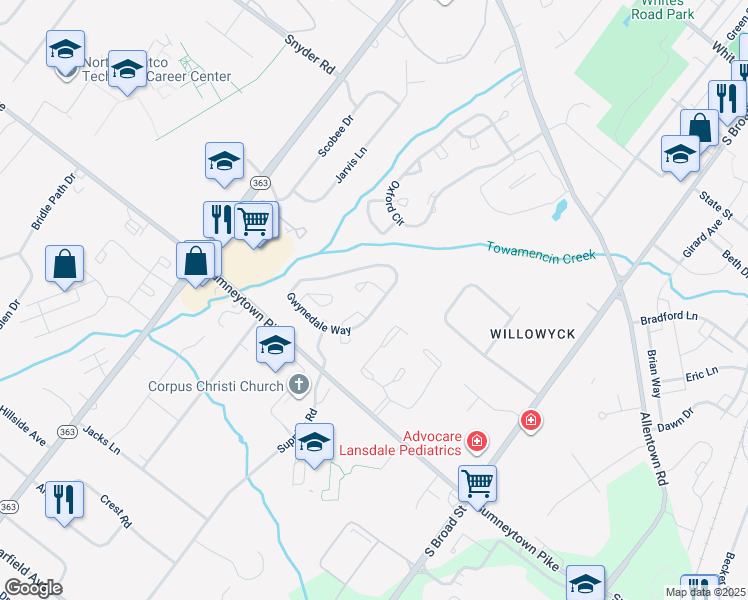 map of restaurants, bars, coffee shops, grocery stores, and more near 1162 Gwynedale Way in Lansdale