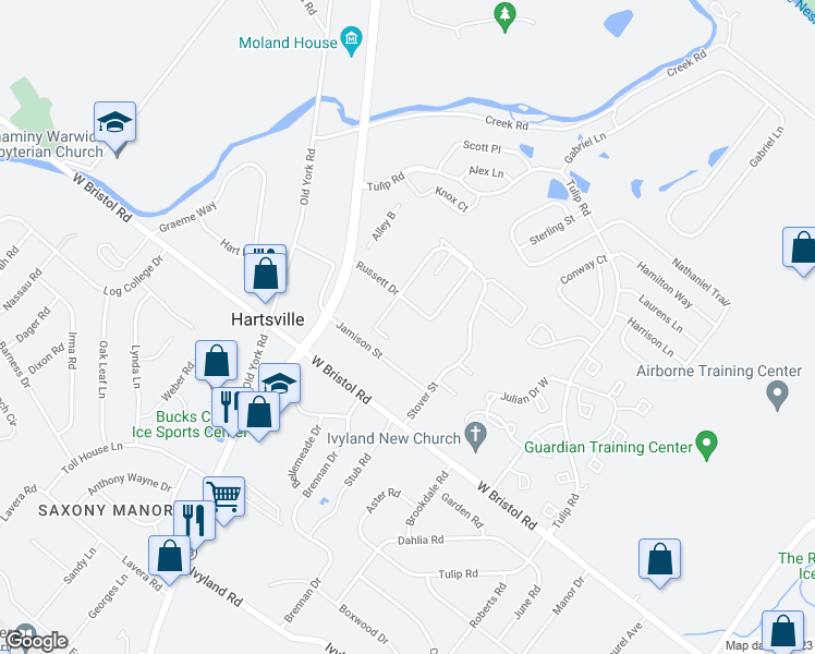 map of restaurants, bars, coffee shops, grocery stores, and more near 1477 Tarleton Place in Warminster