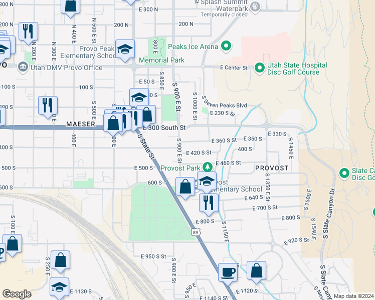 map of restaurants, bars, coffee shops, grocery stores, and more near 943 East 420 South in Provo