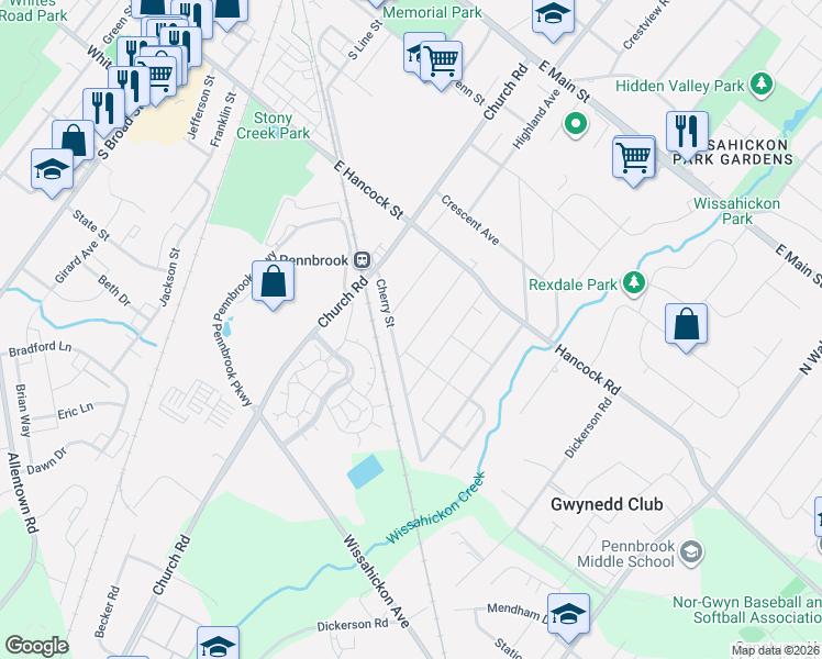 map of restaurants, bars, coffee shops, grocery stores, and more near 467 Wade Avenue in Lansdale