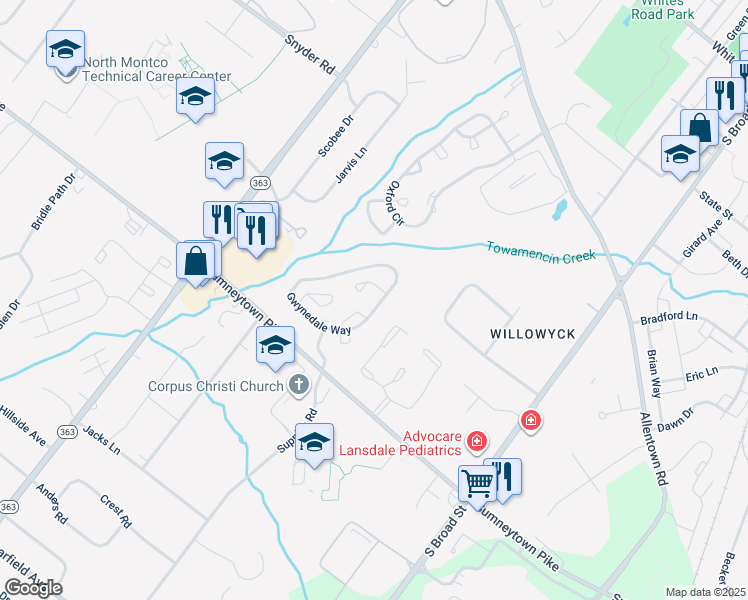 map of restaurants, bars, coffee shops, grocery stores, and more near 1162 Gwynedale Way in Lansdale