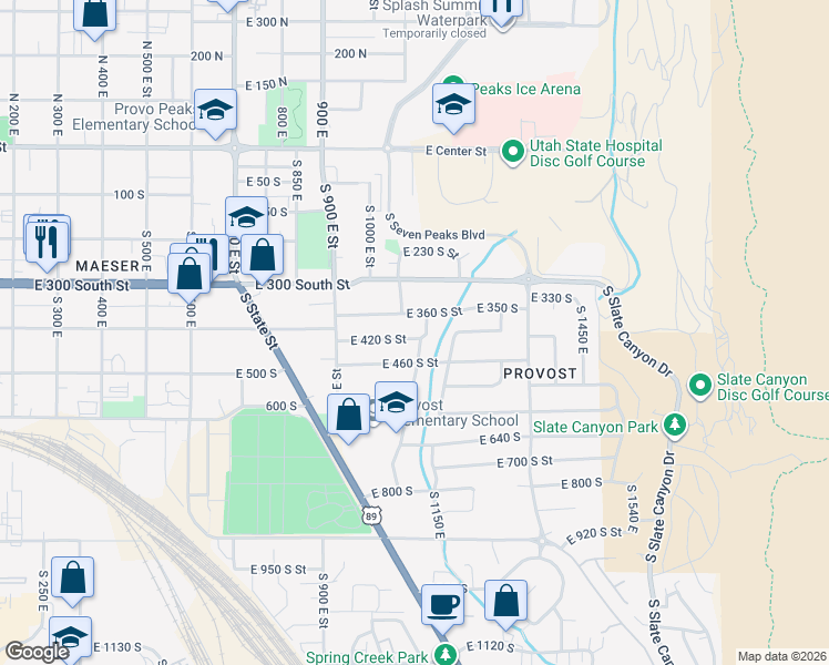 map of restaurants, bars, coffee shops, grocery stores, and more near 389 Utah Avenue in Provo