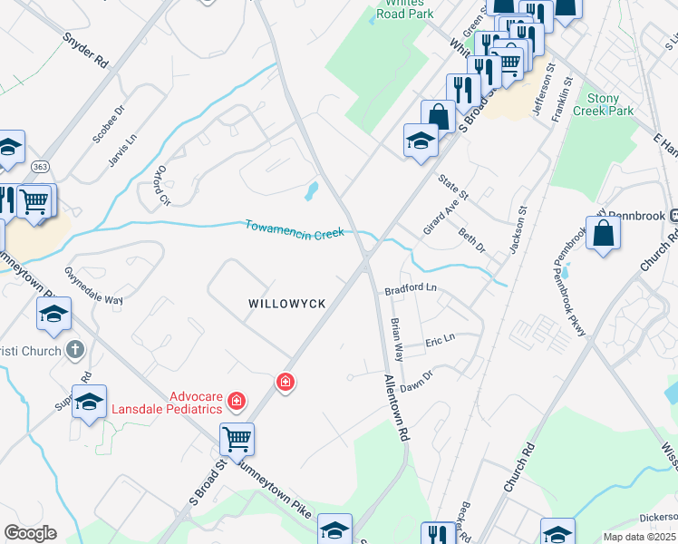map of restaurants, bars, coffee shops, grocery stores, and more near 216 South Broad Street in Lansdale
