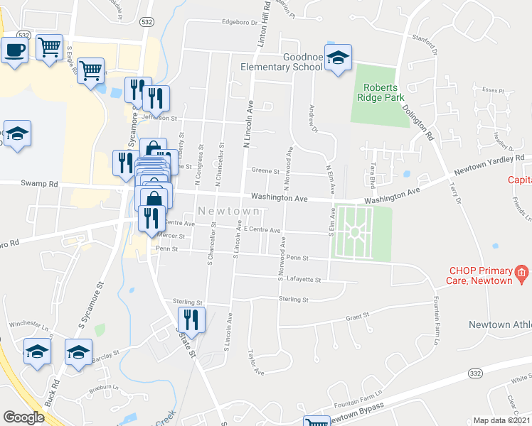 map of restaurants, bars, coffee shops, grocery stores, and more near 13 Watson Mill Lane in Newtown