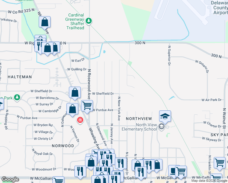 map of restaurants, bars, coffee shops, grocery stores, and more near 4304 N Janney Ave in Muncie